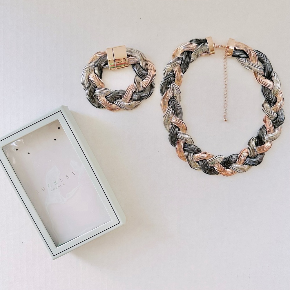 Buckley London rose gold woven silver pewter necklace and bracelet set. NWOT.